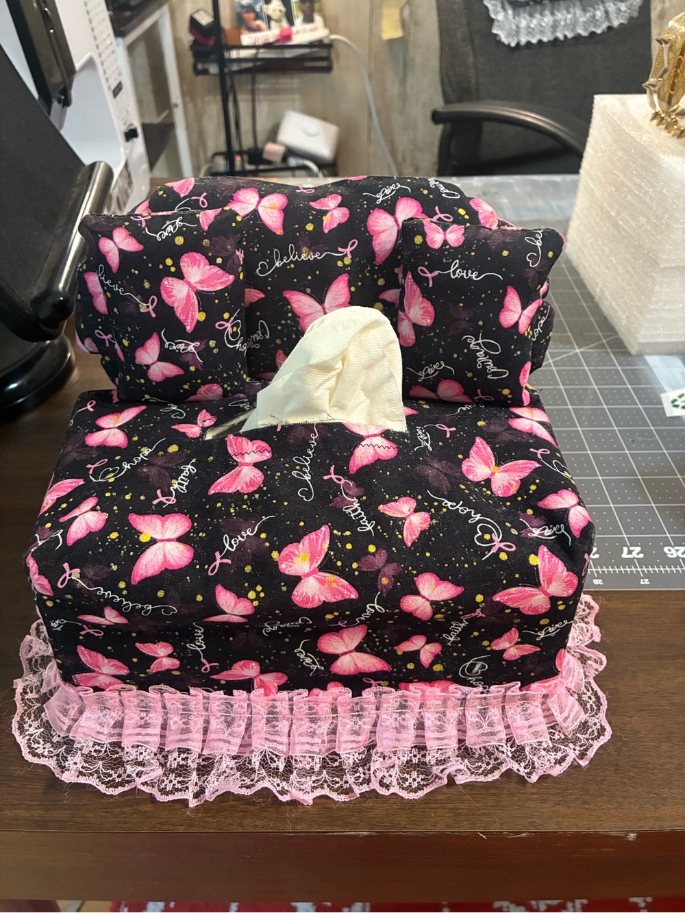 Butterfly Print Tissue Box Cover with Pink Lace Trim